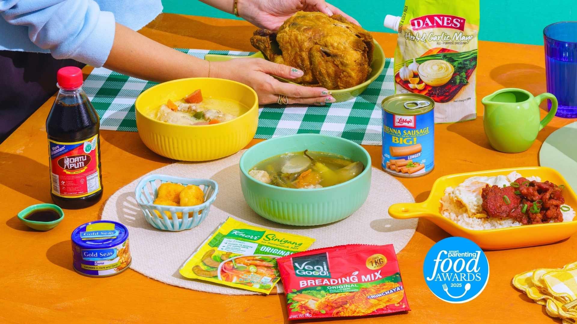 Smart Parenting food awards styled photo: Magnolia chicken, Datu Puti soy sauce, Bounty fresh chicken nuggets, Purefoods chicken pastel, Knorr sinigang mix, Libbys vienna sausafe